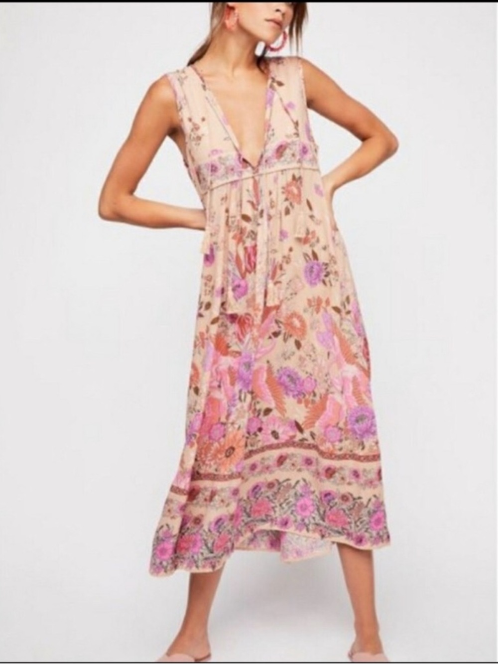 Spell & The Gypsy Siren Song Boho Midi Dress Flamingo Print Pink Size Large